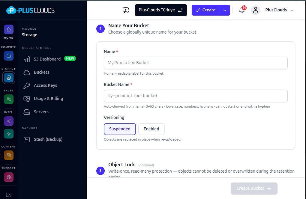 Create bucket panel — PlusClouds S3