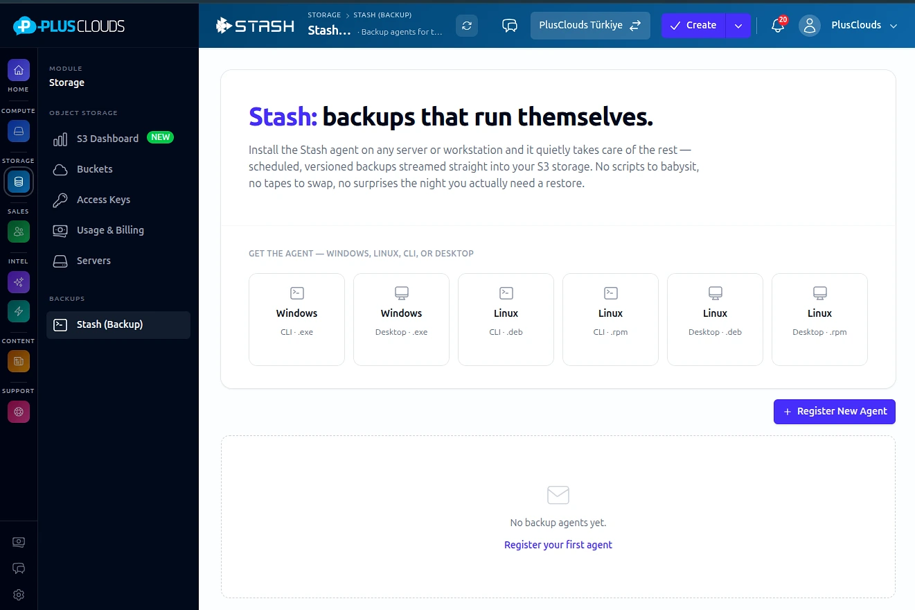 Stash backup agent panel — PlusClouds S3