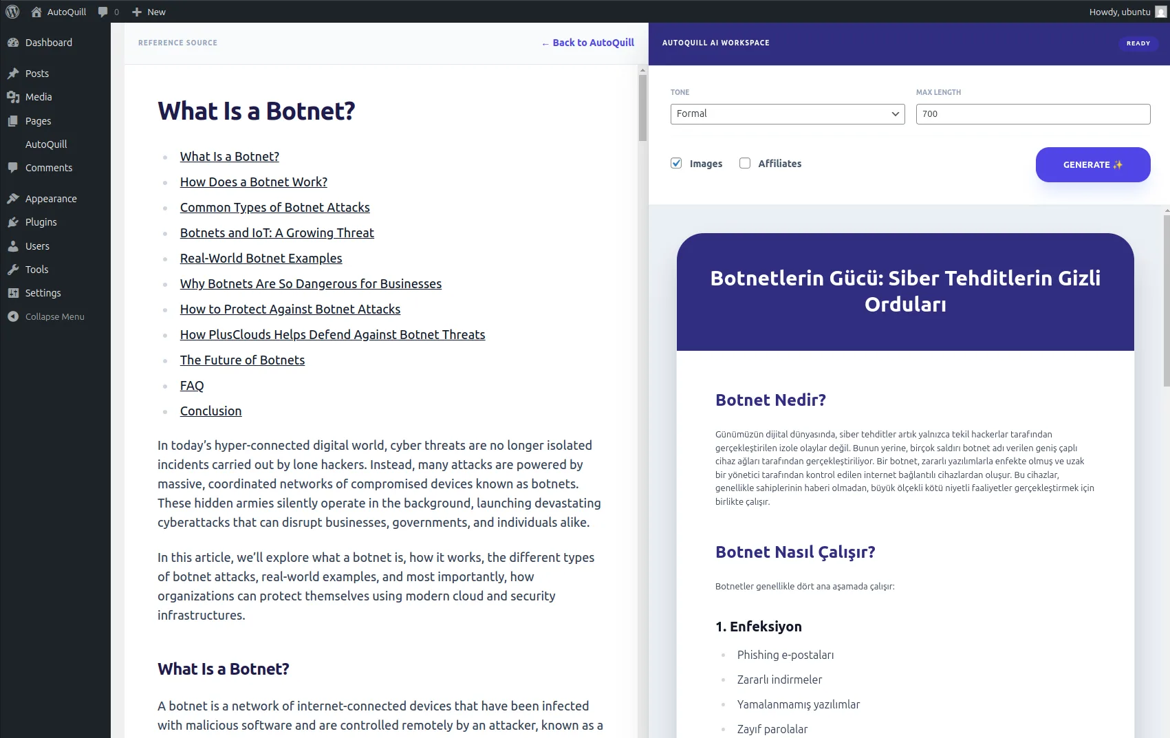AutoQuill content generation interface